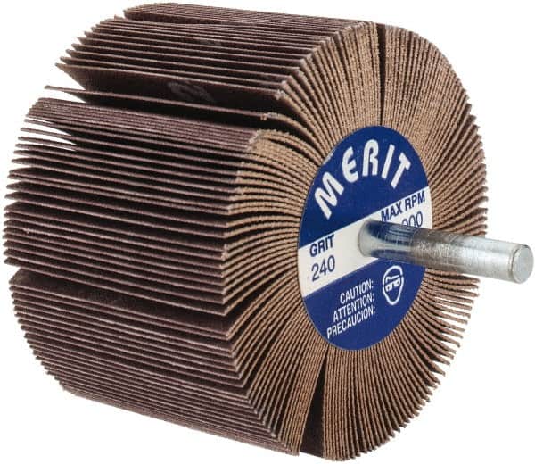 Merit Abrasives - 3" Diam x 2" Face Width, Very Fine Ceramic Alumina Coated Mounted Flap Wheel - 1/4" Shank Mount, 240 Grit, 20,000 Max RPM - Exact Tooling
