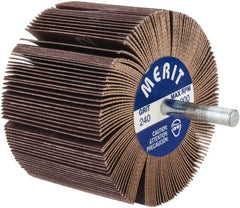 Merit Abrasives - 3" Diam x 2" Face Width, Very Fine Ceramic Alumina Coated Mounted Flap Wheel - 1/4" Shank Mount, 240 Grit, 20,000 Max RPM - Exact Tooling