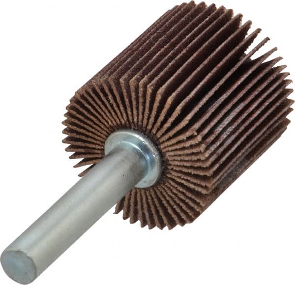 Merit Abrasives - 1" Diam x 1" Face Width, Extra Fine Ceramic Alumina Coated Mounted Flap Wheel - 1/4" Shank Mount, 320 Grit, Cloth Backing, 30,000 Max RPM - Exact Tooling