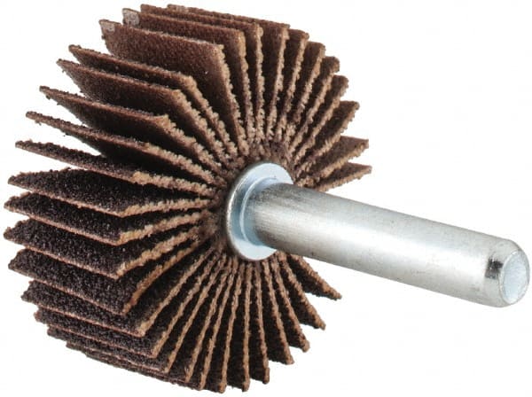Merit Abrasives - 1-3/8" Diam x 5/8" Face Width, Medium Aluminum Oxide Coated Mounted Flap Wheel - 1/4" Shank Mount, 80 Grit, Cloth Backing, 30,000 Max RPM - Exact Tooling