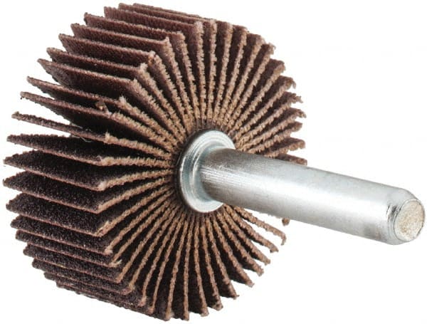 Merit Abrasives - 1-3/8" Diam x 5/8" Face Width, Fine Aluminum Oxide Coated Mounted Flap Wheel - 1/4" Shank Mount, 120 Grit, Cloth Backing, 30,000 Max RPM - Exact Tooling