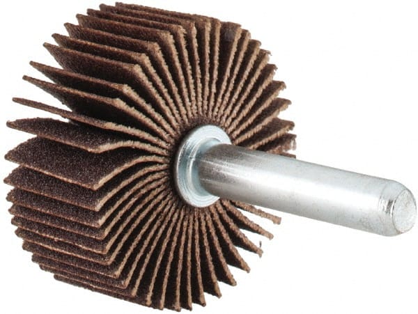 Merit Abrasives - 1-3/8" Diam x 5/8" Face Width, Very Fine Aluminum Oxide Coated Mounted Flap Wheel - 1/4" Shank Mount, 180 Grit, Cloth Backing, 30,000 Max RPM - Exact Tooling