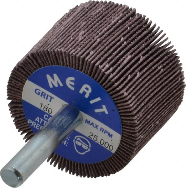 Merit Abrasives - 1-1/2" Diam x 1" Face Width, Very Fine Ceramic Alumina Coated Mounted Flap Wheel - 1/4" Shank Mount, 180 Grit, Cloth Backing, 25,000 Max RPM - Exact Tooling