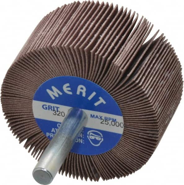 Merit Abrasives - 2" Diam x 1" Face Width, Extra Fine Ceramic Alumina Coated Mounted Flap Wheel - 1/4" Shank Mount, 320 Grit, Cloth Backing, 25,000 Max RPM - Exact Tooling