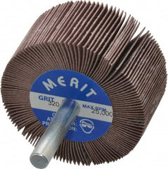 Merit Abrasives - 2" Diam x 1" Face Width, Extra Fine Ceramic Alumina Coated Mounted Flap Wheel - 1/4" Shank Mount, 320 Grit, Cloth Backing, 25,000 Max RPM - Exact Tooling