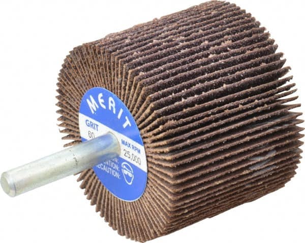 Merit Abrasives - 2" Diam x 1-1/2" Face Width, Medium Ceramic Alumina Coated Mounted Flap Wheel - 1/4" Shank Mount, 60 Grit, Cloth Backing, 25,000 Max RPM - Exact Tooling