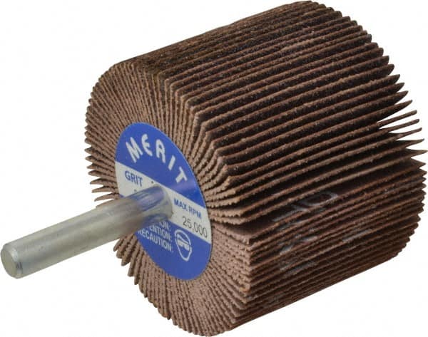 Merit Abrasives - 2" Diam x 1-1/2" Face Width, Medium Ceramic Alumina Coated Mounted Flap Wheel - 1/4" Shank Mount, 80 Grit, Cloth Backing, 25,000 Max RPM - Exact Tooling