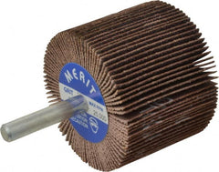 Merit Abrasives - 2" Diam x 1-1/2" Face Width, Medium Ceramic Alumina Coated Mounted Flap Wheel - 1/4" Shank Mount, 80 Grit, Cloth Backing, 25,000 Max RPM - Exact Tooling