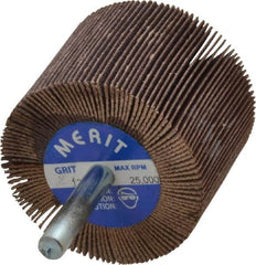Merit Abrasives - 2" Diam x 1-1/2" Face Width, Fine Ceramic Alumina Coated Mounted Flap Wheel - 1/4" Shank Mount, 120 Grit, Cloth Backing, 25,000 Max RPM - Exact Tooling
