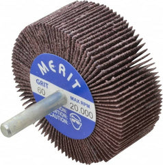Merit Abrasives - 2-1/2" Diam x 1" Face Width, Medium Ceramic Alumina Coated Mounted Flap Wheel - 1/4" Shank Mount, 60 Grit, Cloth Backing, 20,000 Max RPM - Exact Tooling