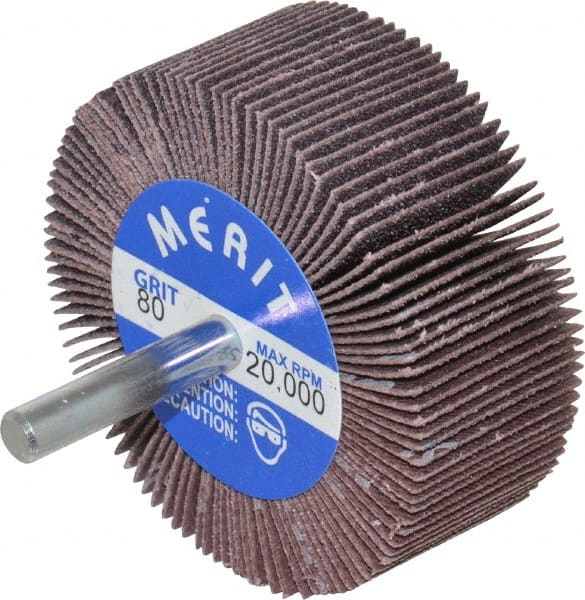 Merit Abrasives - 2-1/2" Diam x 1" Face Width, Medium Ceramic Alumina Coated Mounted Flap Wheel - 1/4" Shank Mount, 80 Grit, Cloth Backing, 20,000 Max RPM - Exact Tooling