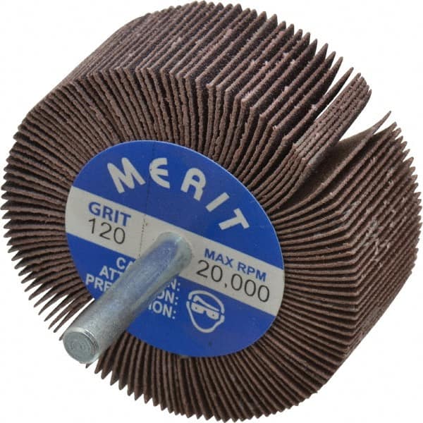 Merit Abrasives - 2-1/2" Diam x 1" Face Width, Fine Ceramic Alumina Coated Mounted Flap Wheel - 1/4" Shank Mount, 120 Grit, Cloth Backing, 20,000 Max RPM - Exact Tooling