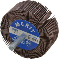 Merit Abrasives - 2-1/2" Diam x 1" Face Width, Fine Ceramic Alumina Coated Mounted Flap Wheel - 1/4" Shank Mount, 120 Grit, Cloth Backing, 20,000 Max RPM - Exact Tooling