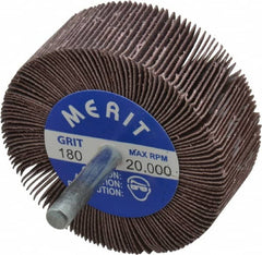 Merit Abrasives - 2-1/2" Diam x 1" Face Width, Very Fine Ceramic Alumina Coated Mounted Flap Wheel - 1/4" Shank Mount, 180 Grit, Cloth Backing, 20,000 Max RPM - Exact Tooling