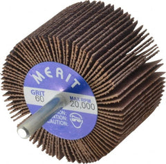 Merit Abrasives - 2-1/2" Diam x 1-1/2" Face Width, Medium Ceramic Alumina Coated Mounted Flap Wheel - 1/4" Shank Mount, 60 Grit, Cloth Backing, 20,000 Max RPM - Exact Tooling