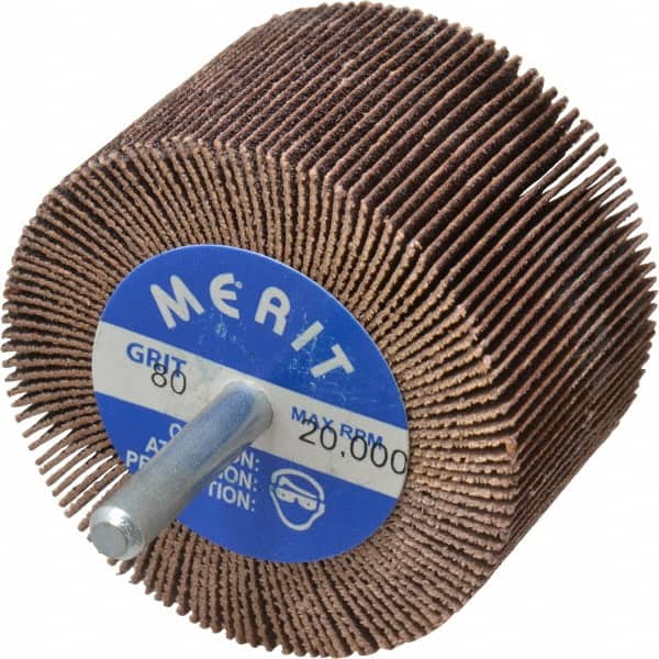 Merit Abrasives - 2-1/2" Diam x 1-1/2" Face Width, Medium Ceramic Alumina Coated Mounted Flap Wheel - 1/4" Shank Mount, 80 Grit, Cloth Backing, 20,000 Max RPM - Exact Tooling