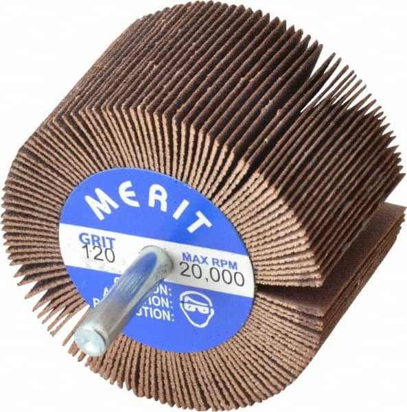 Merit Abrasives - 2-1/2" Diam x 1-1/2" Face Width, Fine Ceramic Alumina Coated Mounted Flap Wheel - 1/4" Shank Mount, 120 Grit, Cloth Backing, 20,000 Max RPM - Exact Tooling