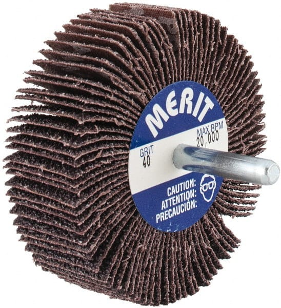 Merit Abrasives - 3" Diam x 1" Face Width, Coarse Aluminum Oxide Coated Mounted Flap Wheel - 1/4" Shank Mount, 40 Grit, Cloth Backing, 20,000 Max RPM - Exact Tooling