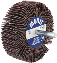 Merit Abrasives - 3" Diam x 1" Face Width, Coarse Aluminum Oxide Coated Mounted Flap Wheel - 1/4" Shank Mount, 40 Grit, Cloth Backing, 20,000 Max RPM - Exact Tooling