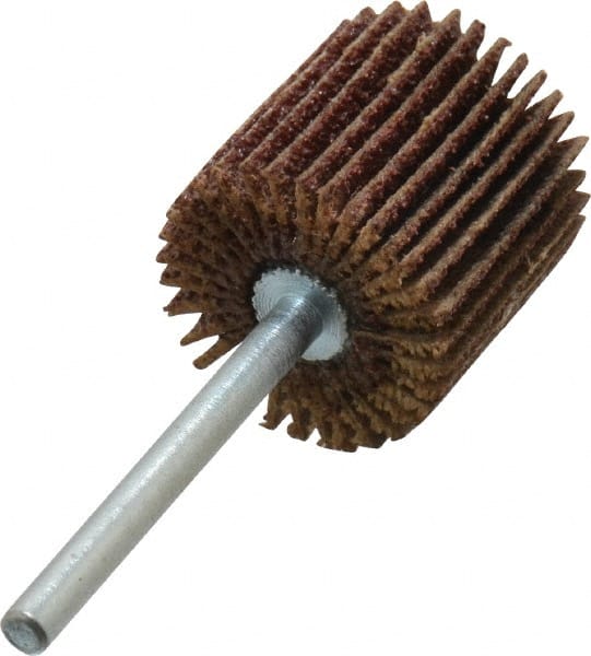 Merit Abrasives - 3/4" Diam x 3/4" Face Width, Medium Aluminum Oxide Coated Mounted Flap Wheel - 1/8" Shank Mount, 60 Grit, Cloth Backing, 35,000 Max RPM - Exact Tooling