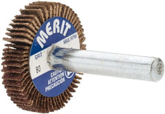 Merit Abrasives - 1-3/16" Diam x 1/4" Face Width, Medium Aluminum Oxide Coated Mounted Flap Wheel - 1/4" Shank Mount, 80 Grit, Cloth Backing, 25,000 Max RPM - Exact Tooling