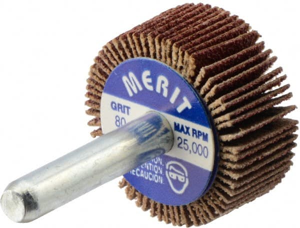 Merit Abrasives - 1-3/16" Diam x 1/2" Face Width, Medium Aluminum Oxide Coated Mounted Flap Wheel - 1/4" Shank Mount, 80 Grit, Cloth Backing, 25,000 Max RPM - Exact Tooling