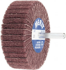 Merit Abrasives - 3" Diam x 1" Face Width, Fine Aluminum Oxide Nonwoven & Coated Mounted Flap Wheel - 1/4" Shank Mount, 120 Grit, Interleaf, X Weighted Cloth Backing, 12,000 Max RPM - Exact Tooling