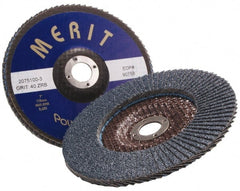 Merit Abrasives - 60 Grit, 7" Disc Diam, 7/8" Center Hole, Type 27 Zirconia Alumina Flap Disc - 8,600 Max RPM, Fiberglass Backing, Arbor Attaching System, Coated - Exact Tooling