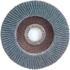 Merit Abrasives - 40 Grit, 4-1/2" Disc Diam, 7/8" Center Hole, Type 29 Zirconia Alumina Flap Disc - 13,000 Max RPM, Fiberglass Backing, Arbor Attaching System, Coated - Exact Tooling