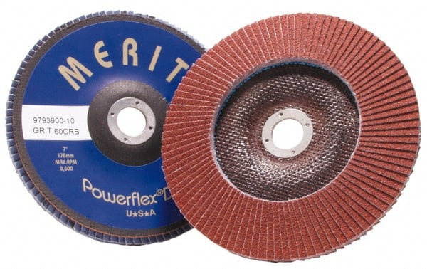 Merit Abrasives - 60 Grit, 4-1/2" Disc Diam, 7/8" Center Hole, Type 27 Aluminum Oxide Flap Disc - 13,300 Max RPM, Fiberglass Backing, Arbor Attaching System, Coated - Exact Tooling