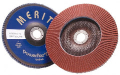 Merit Abrasives - 60 Grit, 4-1/2" Disc Diam, 7/8" Center Hole, Type 27 Aluminum Oxide Flap Disc - 13,300 Max RPM, Fiberglass Backing, Arbor Attaching System, Coated - Exact Tooling