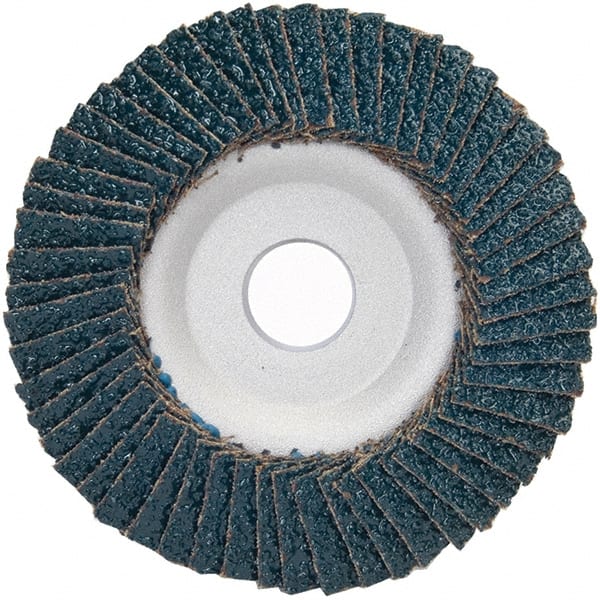 Merit Abrasives - 36 Grit, 4-1/2" Disc Diam, 7/8" Center Hole, Type 29 Zirconia Alumina Flap Disc - 13,300 Max RPM, Aluminum Backing, Arbor Attaching System, Coated - Exact Tooling