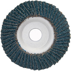 Merit Abrasives - 36 Grit, 4-1/2" Disc Diam, 7/8" Center Hole, Type 29 Zirconia Alumina Flap Disc - 13,300 Max RPM, Aluminum Backing, Arbor Attaching System, Coated - Exact Tooling