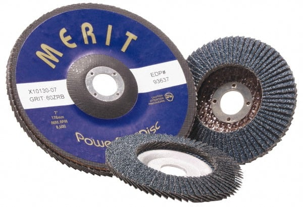 Merit Abrasives - 120 Grit, 5" Disc Diam, 7/8" Center Hole, Type 29 Zirconia Alumina Flap Disc - 12,000 Max RPM, Fiberglass Backing, Arbor Attaching System, Coated - Exact Tooling