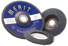 Merit Abrasives - 120 Grit, 5" Disc Diam, 7/8" Center Hole, Type 29 Zirconia Alumina Flap Disc - 12,000 Max RPM, Fiberglass Backing, Arbor Attaching System, Coated - Exact Tooling