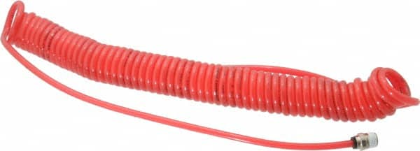 PRO-SOURCE - 0.16 ID, 1/4 Thread, 20' Long, Red Polyurethane Coiled & Self Storing Hose - 125 Max psi, Male Swivel x Male Swivel - Exact Tooling