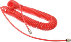 PRO-SOURCE - 0.16 ID, 1/4 Thread, 30' Long, Red Polyurethane Coiled & Self Storing Hose - 125 Max psi, Male Swivel x Male Swivel - Exact Tooling