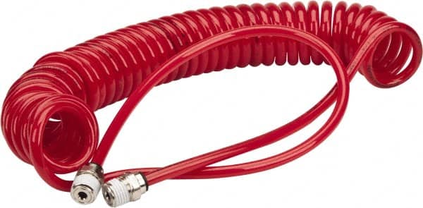 PRO-SOURCE - 0.16 ID, 1/4 Thread, 15' Long, Red Polyurethane Coiled & Self Storing Hose - 125 Max psi, Male Swivel x Male Swivel - Exact Tooling