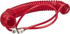 PRO-SOURCE - 0.16 ID, 1/4 Thread, 15' Long, Red Polyurethane Coiled & Self Storing Hose - 125 Max psi, Male Swivel x Male Swivel - Exact Tooling
