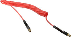 PRO-SOURCE - 3/16" ID, 1/4 Thread, 20' Long, Red Polyurethane Coiled & Self Storing Hose - 147 Max psi, Male Swivel x Male Swivel - Exact Tooling