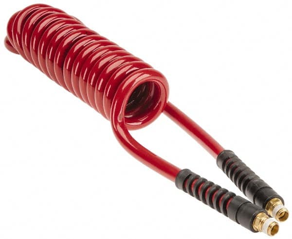 PRO-SOURCE - 3/8" ID, 1/4 Thread, 10' Long, Red Polyurethane Coiled & Self Storing Hose - 200 Max psi, Male Swivel x Male Swivel - Exact Tooling
