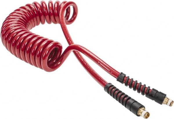 PRO-SOURCE - 3/8" ID, 1/4 Thread, 15' Long, Red Polyurethane Coiled & Self Storing Hose - 200 Max psi, Male Swivel x Male Swivel - Exact Tooling