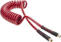 PRO-SOURCE - 3/8" ID, 1/4 Thread, 15' Long, Red Polyurethane Coiled & Self Storing Hose - 200 Max psi, Male Swivel x Male Swivel - Exact Tooling