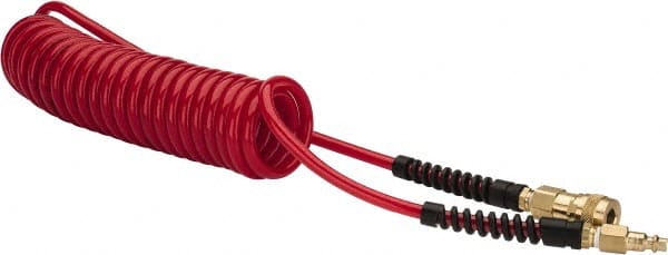 PRO-SOURCE - 1/4" ID, 1/4 Thread, 15' Long, Red Polyurethane Coiled & Self Storing Hose - Male Swivel x Male Swivel - Exact Tooling