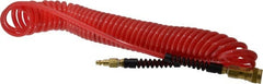 PRO-SOURCE - 1/4" ID, 1/4 Thread, 25' Long, Red Polyurethane Coiled & Self Storing Hose - Male Swivel x Male Swivel - Exact Tooling