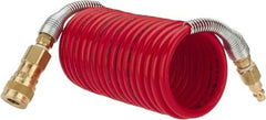 PRO-SOURCE - 1/4" ID, 1/4 Thread, 12' Long, Red Nylon Coiled & Self Storing Hose - 240 Max psi, Industrial Interchange Coupler x Plug - Exact Tooling