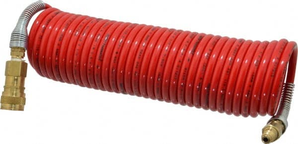 PRO-SOURCE - 1/4" ID, 1/4 Thread, 25' Long, Red Nylon Coiled & Self Storing Hose - 240 Max psi, Industrial Interchange Coupler x Plug - Exact Tooling
