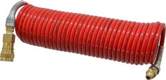 PRO-SOURCE - 1/4" ID, 1/4 Thread, 25' Long, Red Nylon Coiled & Self Storing Hose - 240 Max psi, Industrial Interchange Coupler x Plug - Exact Tooling