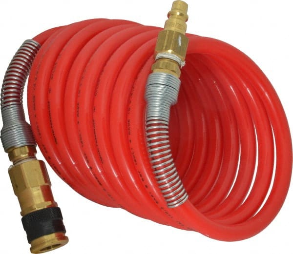 PRO-SOURCE - 3/8" ID, 3/8 Thread, 12' Long, Red Nylon Coiled & Self Storing Hose - 225 Max psi, Industrial Interchange Coupler x Plug - Exact Tooling