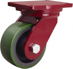Hamilton - 6" Diam x 2-1/2" Wide x 8-1/2" OAH Top Plate Mount Swivel Caster - Polyurethane Mold onto Cast Iron Center, 1,600 Lb Capacity, Tapered Roller Bearing, 6-1/8 x 7-1/2" Plate - Exact Tooling